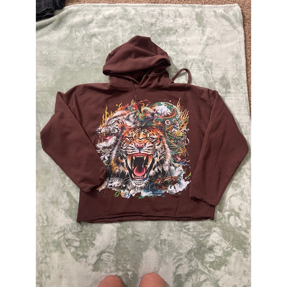 G West XL Brown Graphic Hoodie Tigers Dragon Print Men's Hooded Sweatshirt